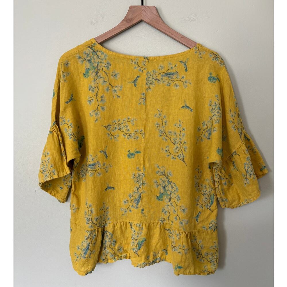 Italian Linen Floral Peplum Blouse Top Mustard Yellow Botanical Cottagecore - Picture 2 of 7